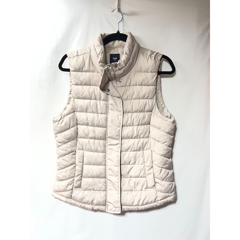 Gap Womens Puffer Vest Cream Beige Quilted Full Zip Fleece Lined Collar Size M